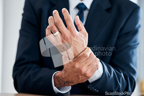 Image of Wrist problem, hands and corporate person with anatomy injury, medical emergency crisis or hurt muscle strain. Trauma accident, carpal tunnel syndrome or closeup consultant, worker or agent with pain