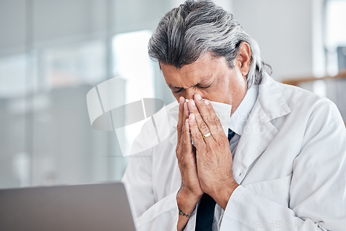 Image of Man, blowing nose and senior doctor sick with allergy, covid or virus in hospital or clinic. Elderly medical professional, tissue and allergies for health problem, cold fever and bacteria in winter