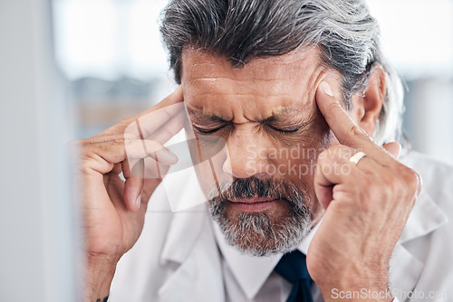 Image of Headache, face and elderly business man depressed, frustrated and burnout from corporate mistake, stress or crisis. Human resources, migraine pain and senior HR person stress, problem or overwhelmed