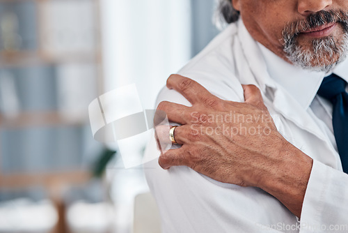 Image of Shoulder pain, hands and business man with body injury, medical emergency crisis or fibromyalgia. Trauma accident, pressure or professional person, closeup businessman or agent with arthritis risk