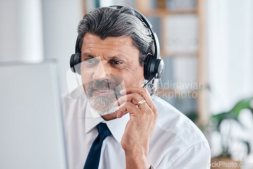 Image of Call center, computer and man or consultant for communication, sales and e commerce support. Online agency, headphones and financial advisor, manager or person, virtual chat and contact us on desktop