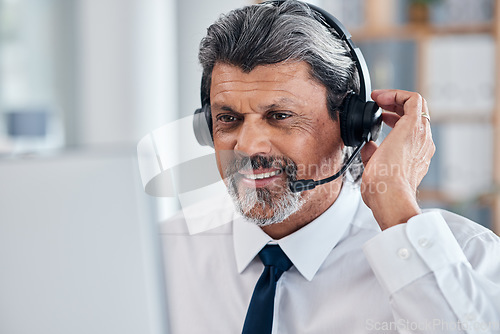 Image of Call center, computer and man or agent for communication, sales and customer services in e commerce. Agency headphones and telecom manager or person for virtual telemarketing or contact us on desktop