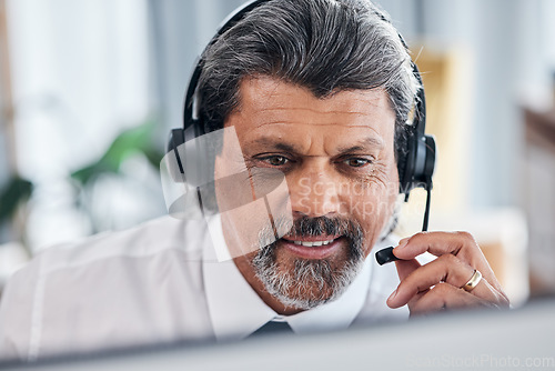 Image of Call center, computer and business man or consultant speaking, sales or e commerce support. Online agency, financial advisor or manager person for virtual communication and contact us on desktop