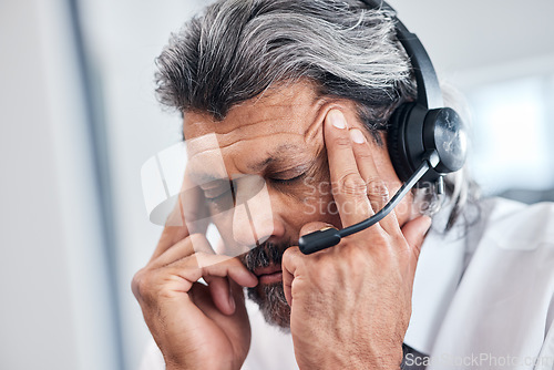 Image of Headache, call center face and business man with depression, telemarketing mistake or burnout and crisis. Customer service, migraine pain and elderly person stress, telecom problem and overwhelmed