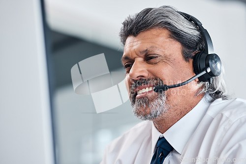 Image of Call center, computer and happy man or consultant speaking, business sales or e commerce advice. Online agency, financial advisor or manager person for virtual communication and contact us on desktop