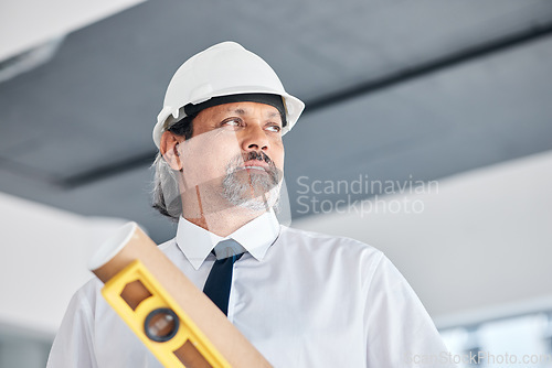 Image of Architecture man, thinking and floor plan for office construction, planning and project management. Renovation, property blueprint and manager or person with tools and design ideas for engineering