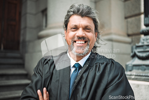 Image of Portrait, smile and a senior man judge at court, outdoor in the city during recess from a legal case or trial. Happy, authority and power with a confident magistrate in an urban town to practice law