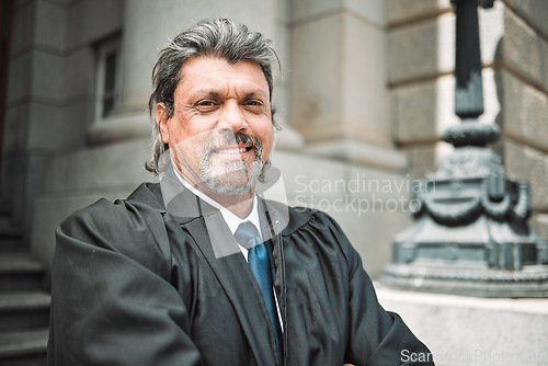 Image of Portrait, authority and a senior man judge at court, outdoor in the city during recess from a legal case or trial. Smile, justice or power with a government employee in an urban town to practice law