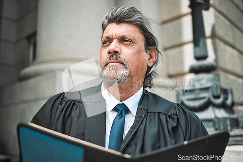 Image of Man, thinking or senior lawyer reading book for research, education or learning the justice system. Judge, advocate or mature attorney studying knowledge or constitution information for a legal court