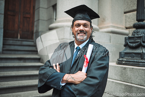 Image of Mature lawyer man, graduation portrait and smile in street, city or court with pride, diploma and arms crossed. Senior attorney, happy and excited with certificate, award and education for law career