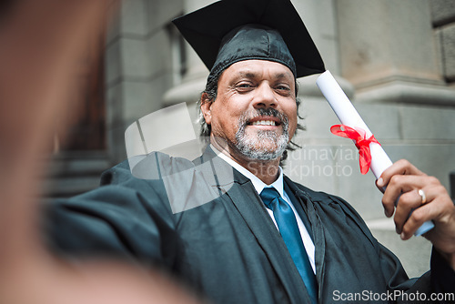 Image of Mature man, graduation selfie and portrait with smile, law degree or diploma in street, pride or social media. Senior attorney, memory and photography for certificate, award or education in legal job