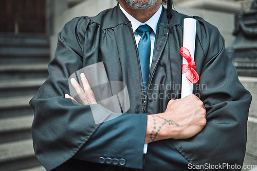 Image of Diploma, graduate of law and man arms crossed and certified outdoor, academic achievement and education. Male lawyer, certificate and graduation, success and pride with university event and goals