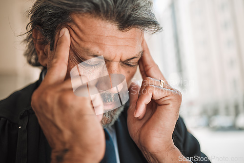 Image of Headache, city face and business man with sad depression, corporate mistake or mental health anxiety. Urban street, migraine pain and elderly person with burnout, tired and stress over fail risk