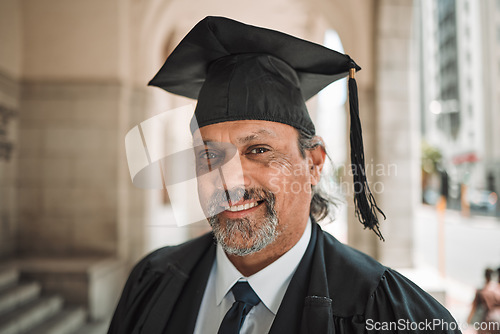 Image of Senior lawyer, graduation and portrait of man in street, city or outdoor with smile. Elderly attorney, face or happy person, advocate or professional with success in education at university in Brazil