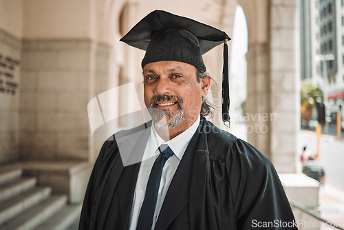 Image of Senior man, graduate of law and smile in portrait outdoor, academic achievement and education in the city. Male lawyer on urban sidewalk, graduation and success with pride, university event and goals