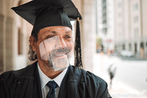 Image of Senior man, graduate of law and smile outdoor, academic achievement and education in the city. Male lawyer on urban sidewalk, happy at graduation and success with pride, university event and goals