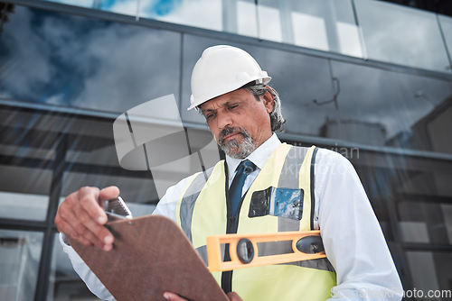 Image of Engineering, checklist and man for construction site inspection, compliance or project management in city. Outdoor architecture, documents check or clipboard of contractor, manager or person progress