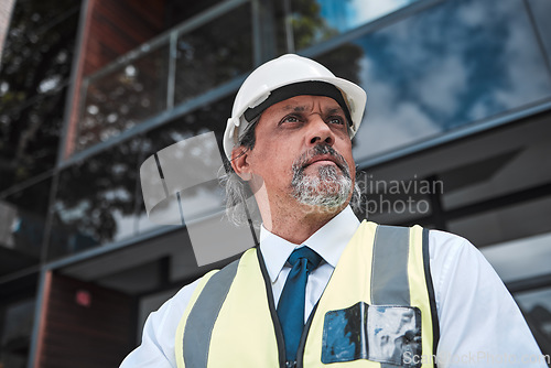 Image of Thinking, ideas and engineering man at outdoor building, construction site and vision for urban development. Planning, inspection and architecture person or project manager design inspiration in city