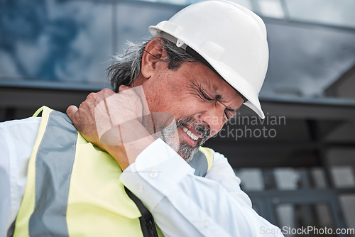 Image of Engineering, man and neck pain for construction building, labor and project management at outdoor city site. Stress, injury and muscle health or fatigue of person or manager for architecture design