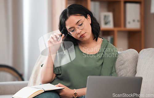 Image of Woman, student and laptop, notebook and thinking or studying and planning schedule for work from home. Person with journal ideas for online education, e learning and knowledge on sofa and computer