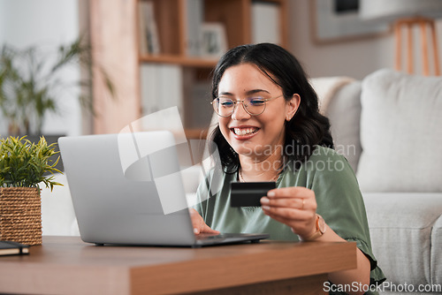 Image of Credit card, computer and woman with home online shopping, e learning and fintech payment. Study, student loan and person on laptop for internet banking, college subscription and website transaction