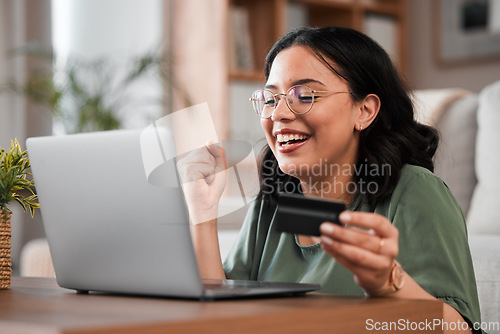Image of Credit card, laptop and woman or winner for home online shopping, e learning success or fintech payment. Yes, student loan and happy person for banking, study subscription and financial bonus or sale