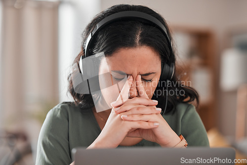 Image of Call center, headache and woman stress, fatigue and communication mistake, error or crisis for work from home. Agent, sales consultant or person with depression, pain or tired for telemarketing fail