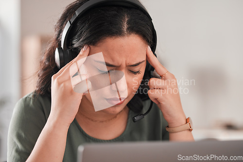 Image of Call center, headache and woman pain, stress and communication mistake, error or crisis in work from home. Agent, sales consultant or person with depression, memory or brain fog in telemarketing fail