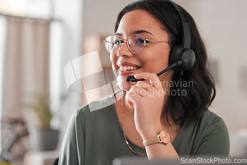 Image of Call center, home and woman, consultant or agent for communication, online advice and web support. Virtual agency, thinking and young person with e learning FAQ, education contact or college advisory