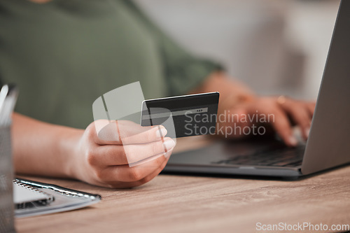 Image of Hand, laptop and credit card for finance with a customer on the internet from home. Computer, ecommerce and payment with a person using a bank app for online shopping, accounting or budget planning