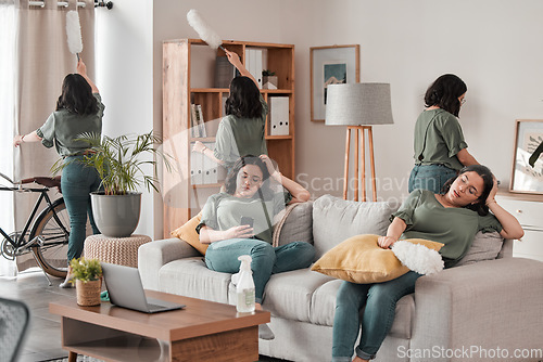 Image of Woman, cleaning home and living room composite to remove dust, bacteria and dirt for health, wellness and hygiene. Chores, collage and person with housework, service and maid relax with phone on sofa