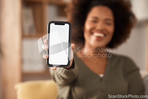 Image of Phone screen, mockup and app, advertising and woman with smartphone in hand, communication and website ads. Logo design, tech marketing and contact info, female ambassador with UX and social media