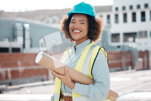 Image of Portrait, solar engineer and woman in city on rooftop for career in renewable energy. Face, architect and confident developer, contractor smile and happy worker in South Africa with blueprint outdoor
