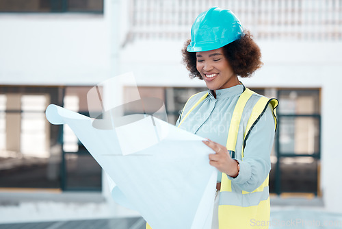 Image of Smile, engineer and woman with blueprint in city for construction, building design or development. Happy, architect and African developer with document, illustration or reading paperwork for planning