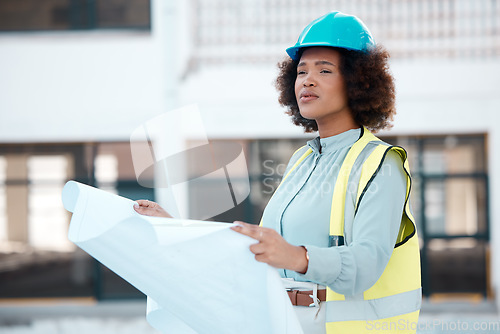 Image of Idea, engineer and woman with blueprint in city for construction, building design or development. Thinking, architect or African developer with document, illustration or vision for paperwork planning