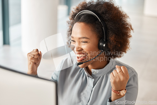 Image of Business woman, telemarketing and celebrate at computer for winning, sales bonus or call center goals. Happy female consultant with pride of success, achievement or fist of good news at desktop