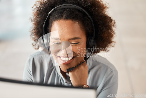Image of Call center, happy woman and computer for customer service, consulting or tech support in CRM agency. Face of female sales consultant, advisor or communication of telecom questions at help desk