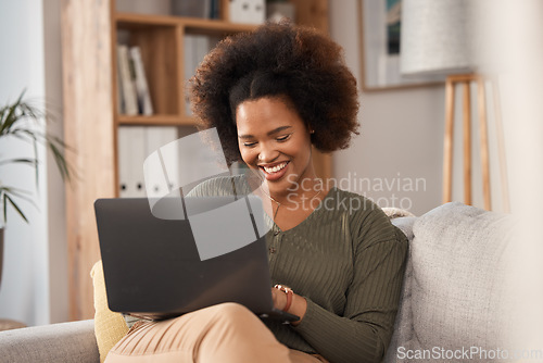 Image of African woman, laptop and remote work in home, living room and download media subscription. Happy freelancer, computer technology and typing on internet website, online shopping and reading blog