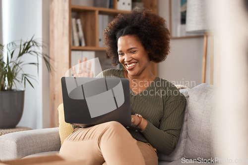 Image of Happy woman, laptop and hello on video call, internet communication and voip chat in remote work. African person wave on computer for virtual conversation, contact or online networking at home