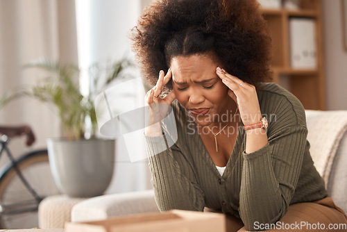 Image of Headache, woman and pain in home from stress, mental health problem and fatigue. Depression, sick and frustrated female with anxiety, burnout and tired from brain fog, vertigo and debt crisis