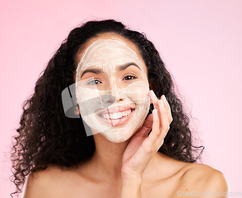 Image of Skincare, facial and portrait of woman with smile in studio for wellness, spa treatment and detox mask. Dermatology, beauty and happy female person with cosmetics for hygiene, cleaning and face care