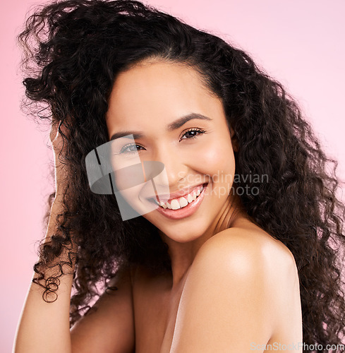 Image of Skincare, beauty and portrait of happy woman in studio for wellness, facial treatment and cosmetics. Dermatology, spa and female person with healthy skin, glow and natural face on pink background