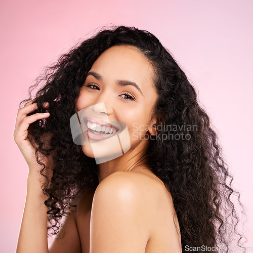 Image of Happy, beauty and portrait of woman in studio for wellness, facial treatment and cosmetics. Dermatology, salon aesthetic and female person with skincare, glow and natural face on pink background