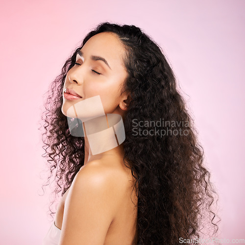 Image of Beauty, skincare and african girl with glow on body in studio or isolated and pink background for luxury treatment. Natural, face and female person with hairstyle for healthy shine with spa facial.