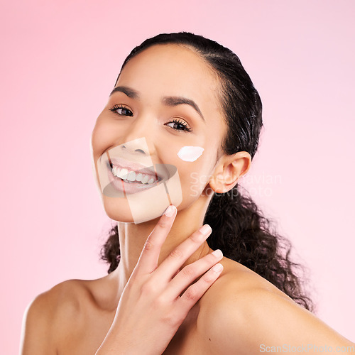 Image of Beauty, cream and portrait of woman in studio for wellness, spa treatment and cleaning. Dermatology, skincare and face of happy female person with cosmetics product, moisturizer and anti aging lotion