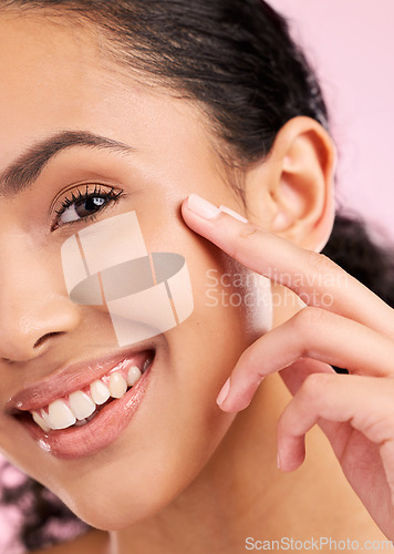 Image of Skincare, beauty and closeup portrait of woman in studio for wellness, facial treatment and cosmetics. Dermatology, spa and female person with healthy skin, glow and natural face on pink background