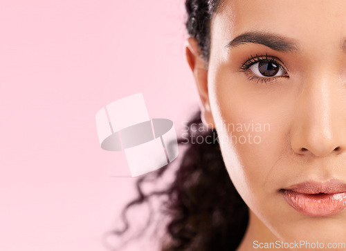 Image of Skincare, beauty and half portrait of woman in studio for wellness, facial treatment and cosmetics. Dermatology, salon and female person with healthy skin, glow and natural face with mockup space