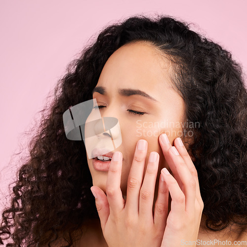 Image of Skincare, woman and squeeze pimple with natural beauty in pink studio background. Blackhead, face and girl with acne or dermatology problem with cosmetic for treatment and self care for wellness.