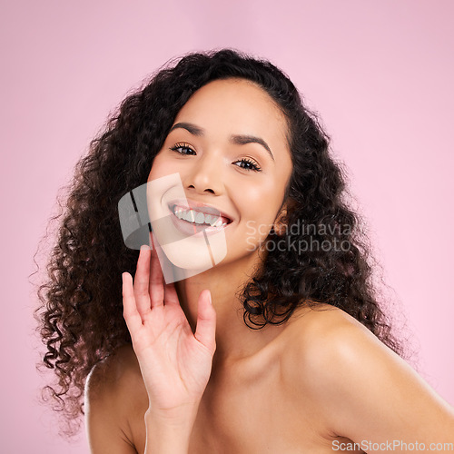 Image of Face, skincare and beauty of happy woman in studio isolated on a pink background. Portrait, smile and natural model with cosmetics in spa facial treatment for aesthetic, wellness and healthy skin
