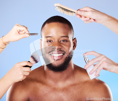 Image of Self care, beauty and portrait of a man with products in a studio for natural, face and grooming routine. Skincare, wellness and young male model with health and hygiene treatment by blue background.